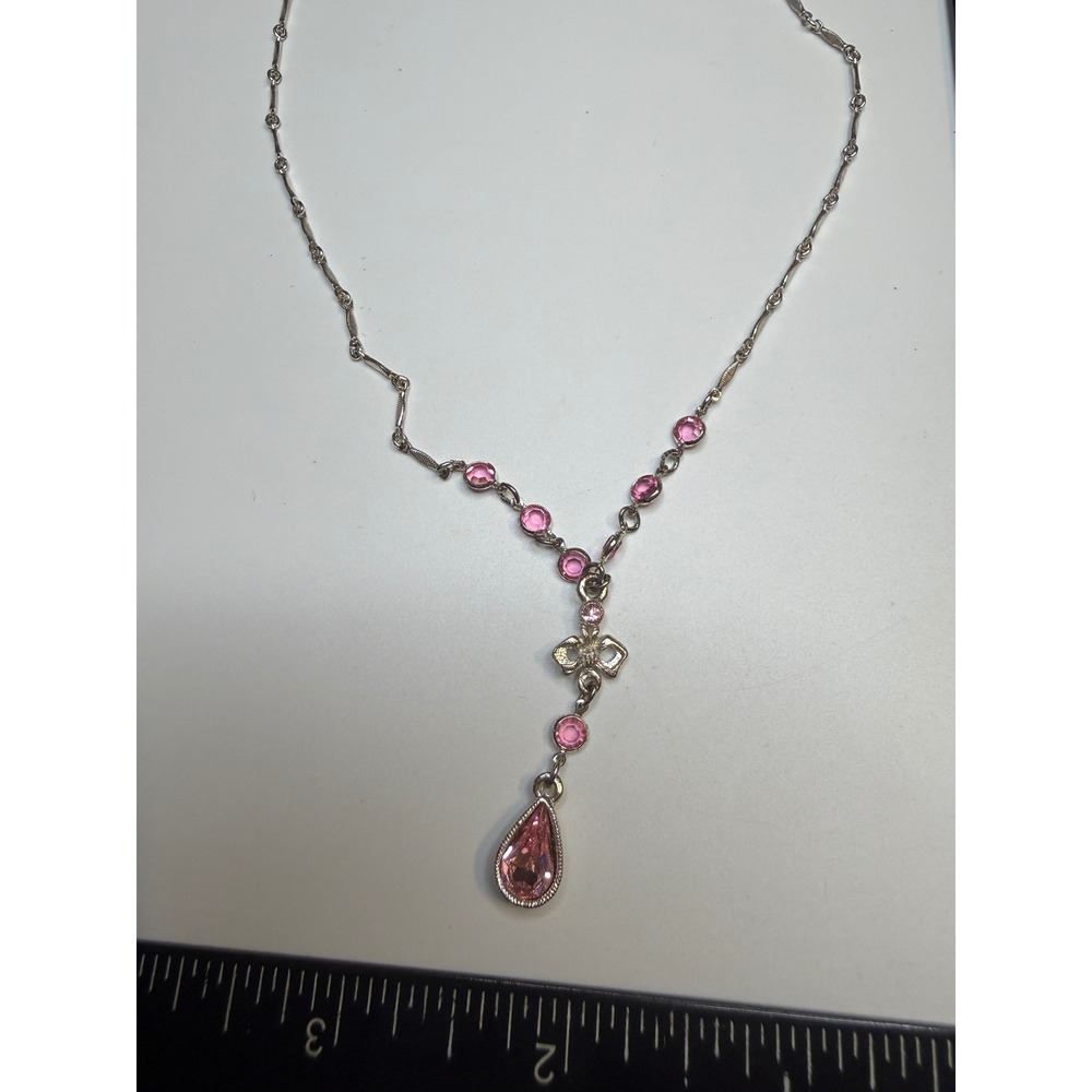 1928 Jewelry Silver Tone Pink Rhinestone Bow Y-Drop Necklace Teardrop Pendant